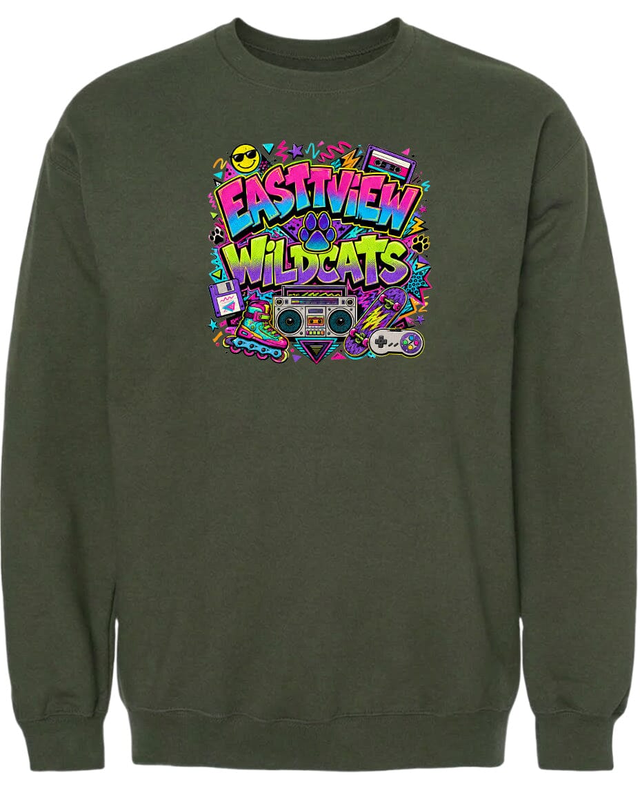 A dark green sweatshirt with a colorful graphic design featuring the text "EASTVIEW WILDCATS" surrounded by various icons and elements, such as a boombox, a skateboard, and a peace sign.