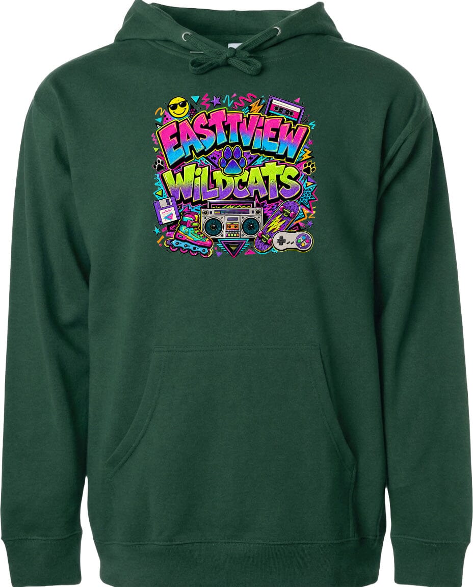 A green hoodie with a colorful graphic design featuring a boombox, sunglasses, and various other elements.