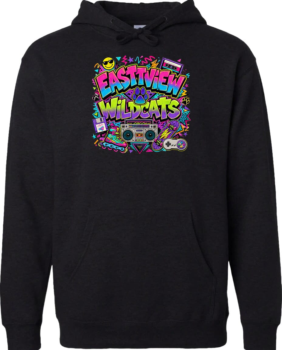 A black hoodie with a colorful graphic design featuring a boombox, sunglasses, and various other elements.