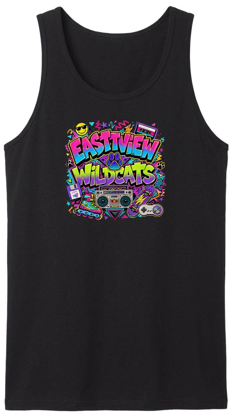 A black tank top with a colorful graphic design featuring the text "EASTVIEW WILDCATS" surrounded by various icons and symbols, such as a boombox, cassette tape, and other retro-style elements.