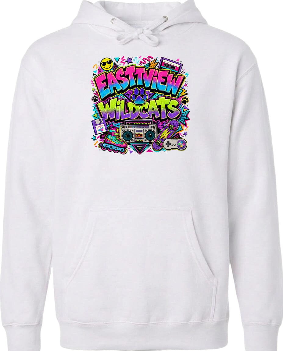 A white hoodie with a colorful graphic design featuring the text "EASTVIEW WILDCATS" surrounded by various pop culture icons and elements.