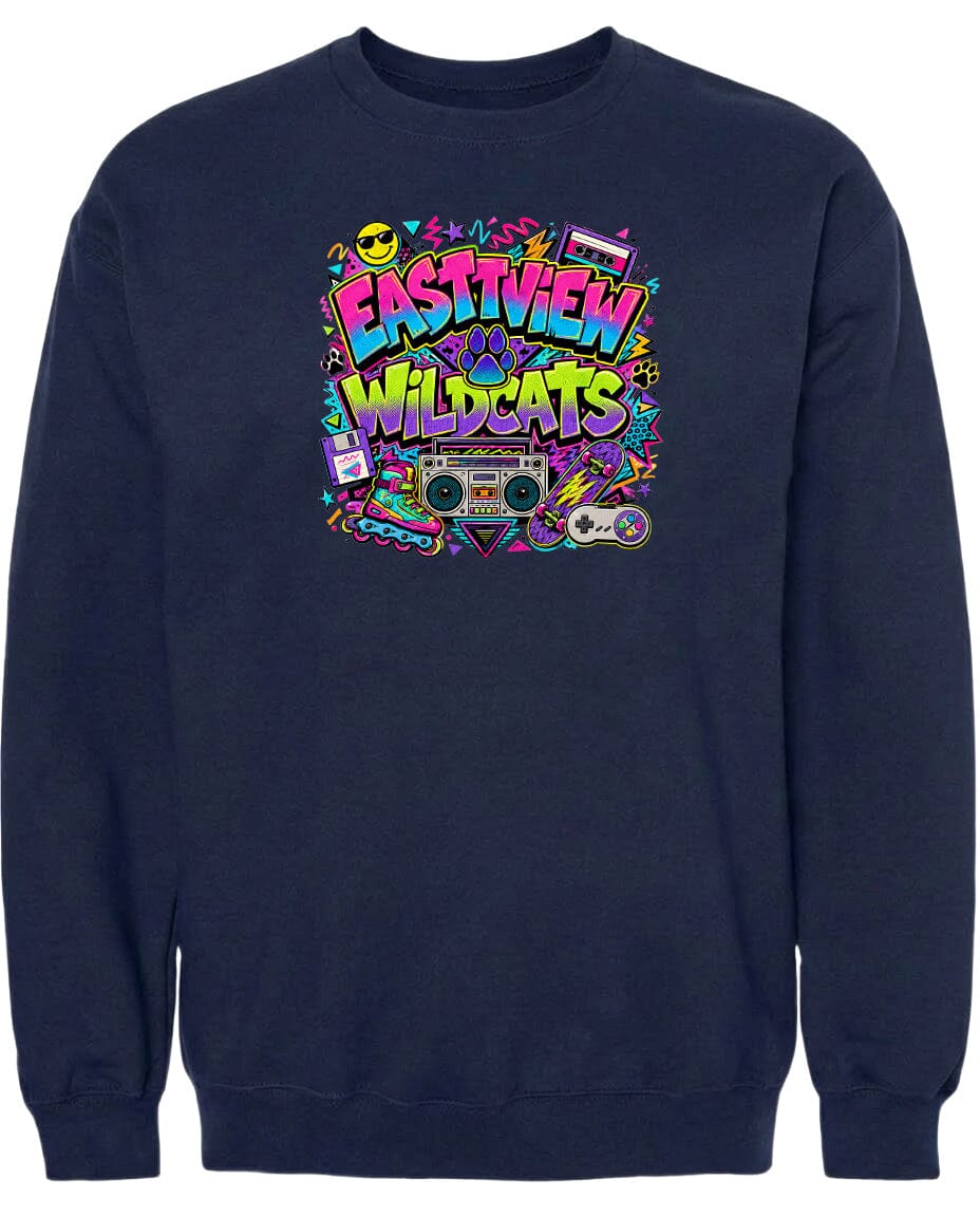 A navy blue sweatshirt with a colorful graphic design featuring the text "EASTVIEW WILDCATS" surrounded by various icons and symbols, such as a boombox, skateboard, and sunglasses.