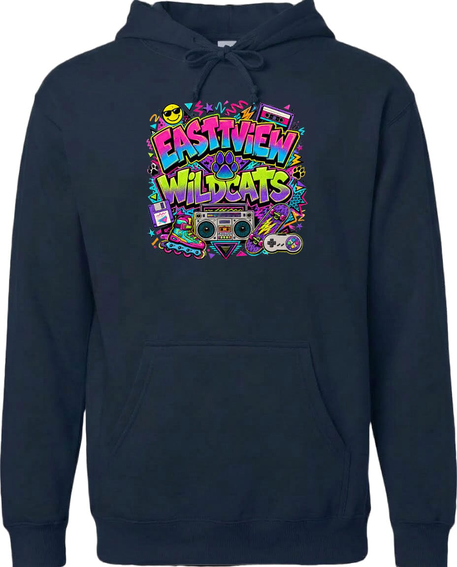A black hoodie with a colorful graphic design featuring a boombox, a cassette tape, and various other retro-style icons and text.