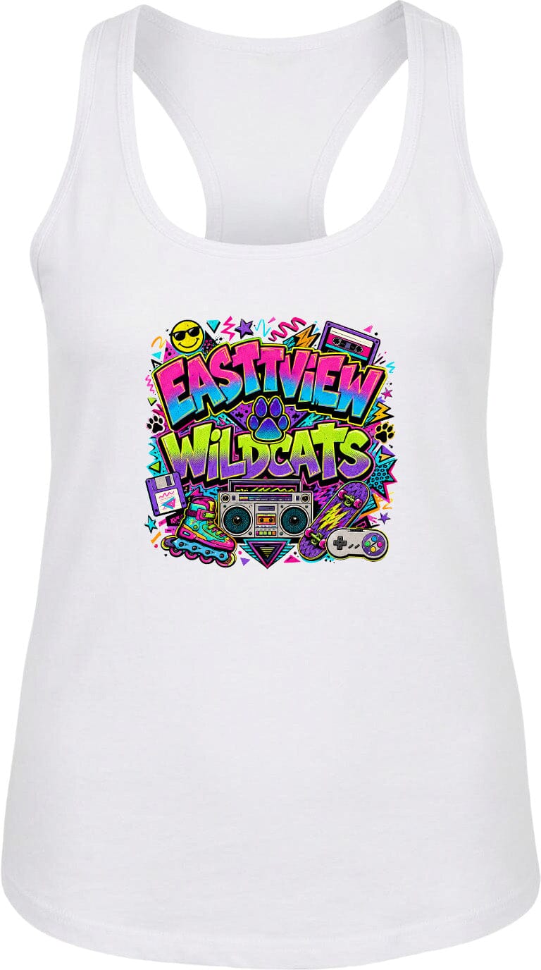 A white tank top with a colorful graphic design featuring the text "EASTVIEW WILDCATS" surrounded by various icons and symbols, such as a boombox, sunglasses, and a lightning bolt.