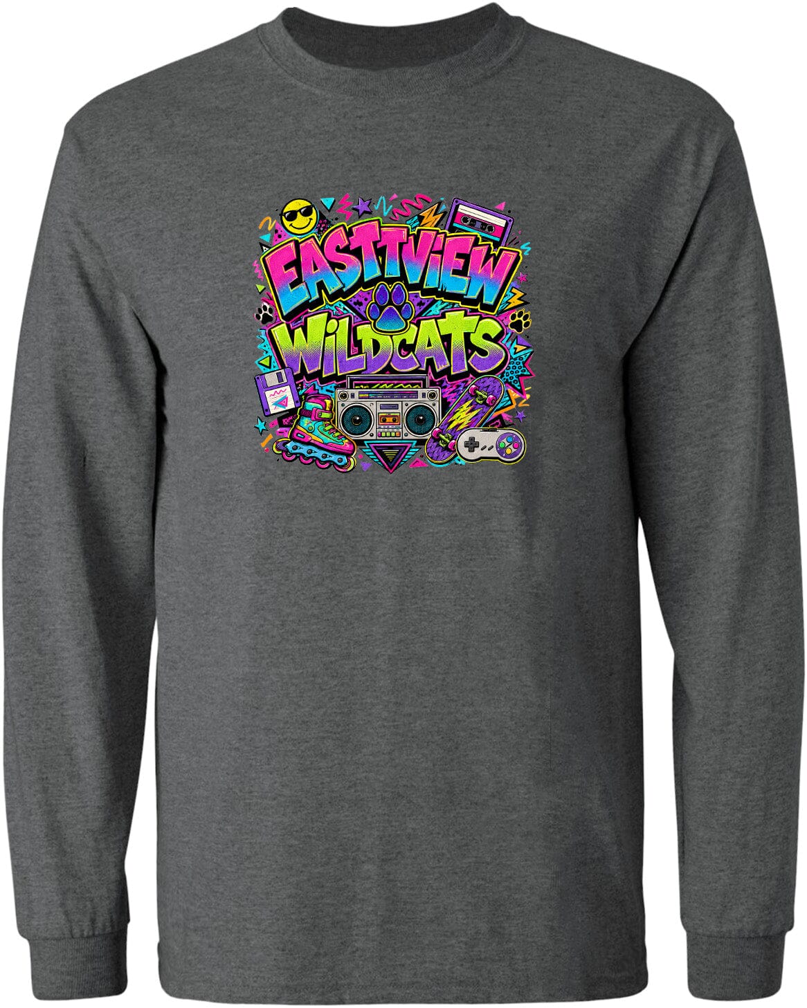 A gray long-sleeved shirt with a colorful graphic design featuring the text "EASTVIEW WILDCATS" surrounded by various icons and symbols, such as a boombox, a guitar, and a skull and crossbones.