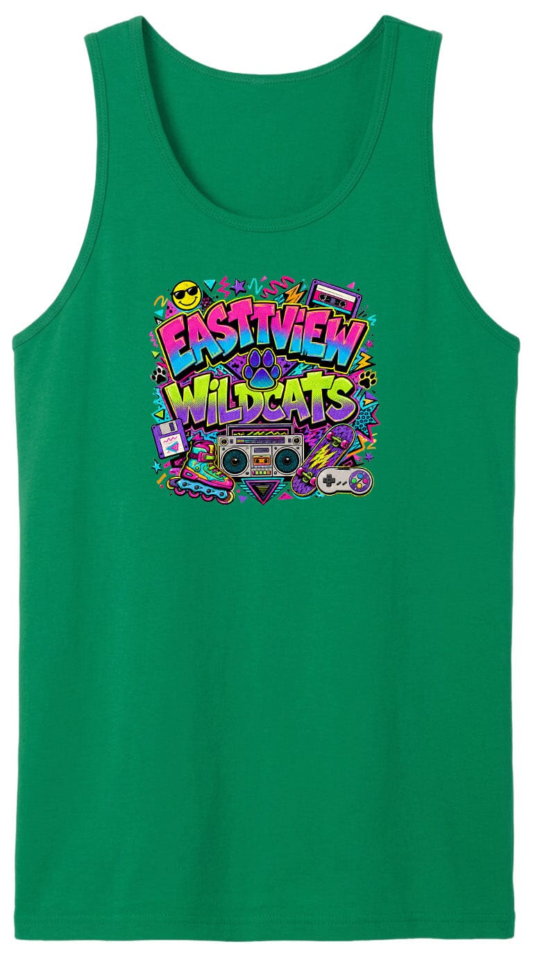 A green tank top with a colorful graphic design featuring the text "EASTVIEW WILDCATS" surrounded by various icons and symbols, such as a boombox, cassette tape, and other retro-style elements.