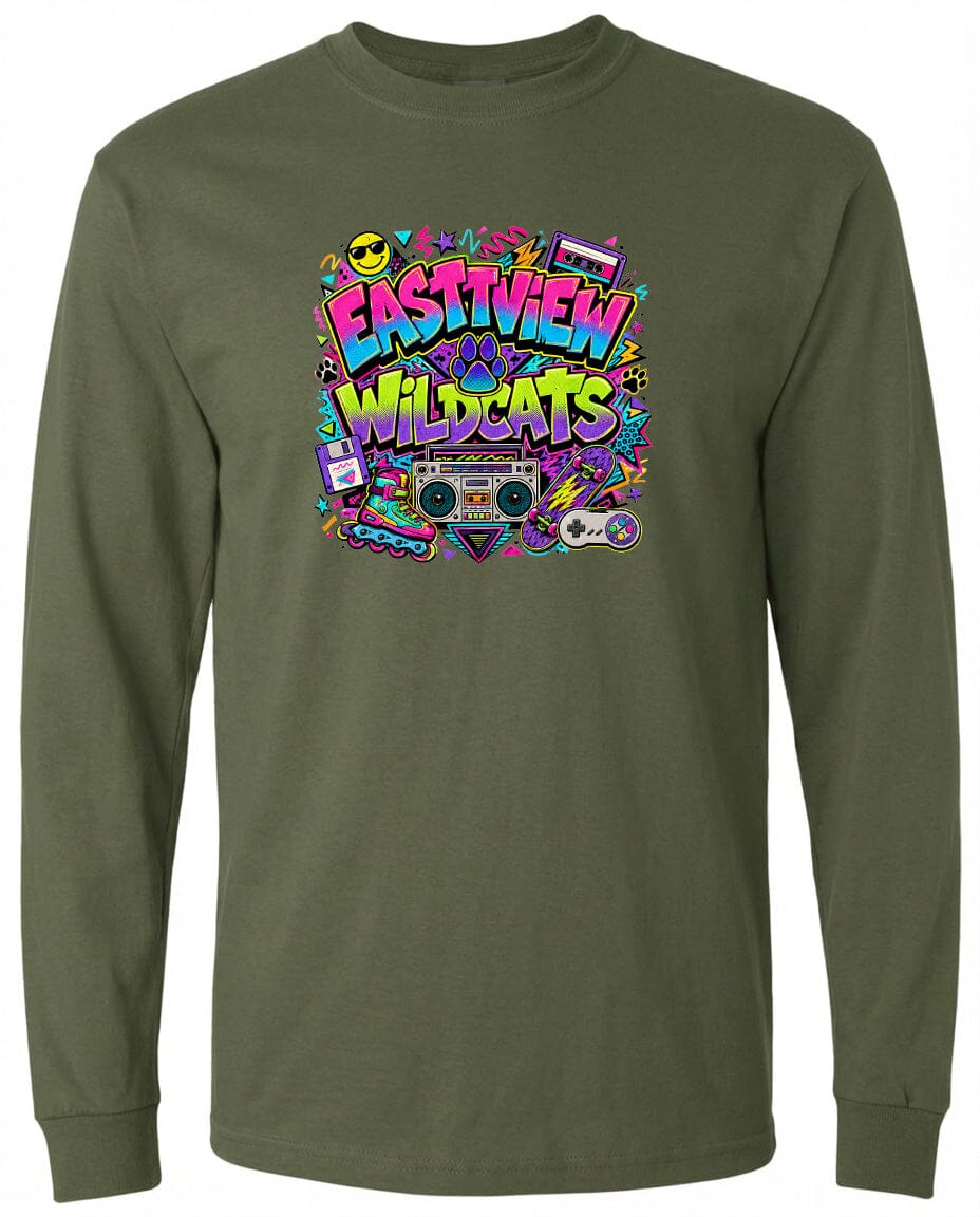A long-sleeved green t-shirt with a colorful graphic design featuring a boombox, a video game controller, and various other elements, along with the text "EASTVIEW WILDCATS".