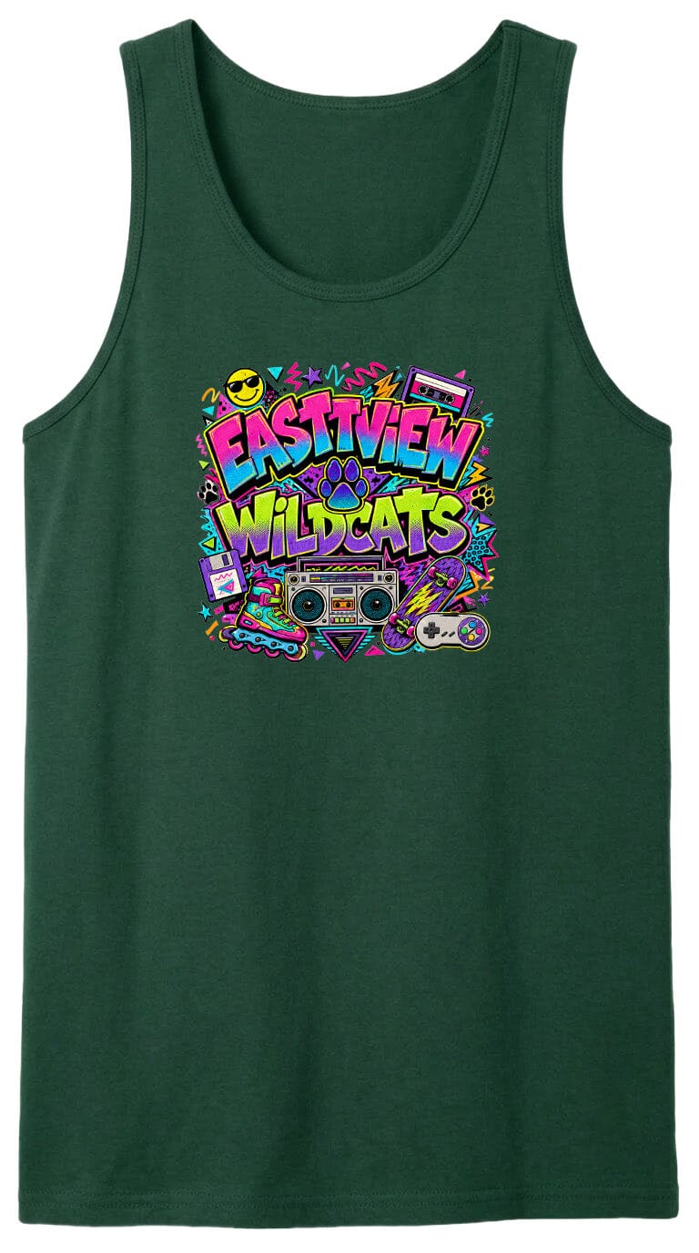 A green tank top with a colorful graphic design featuring the text "EASTVIEW WILDCATS" surrounded by various icons and symbols, such as a boombox, cassette tape, and other retro-style elements.