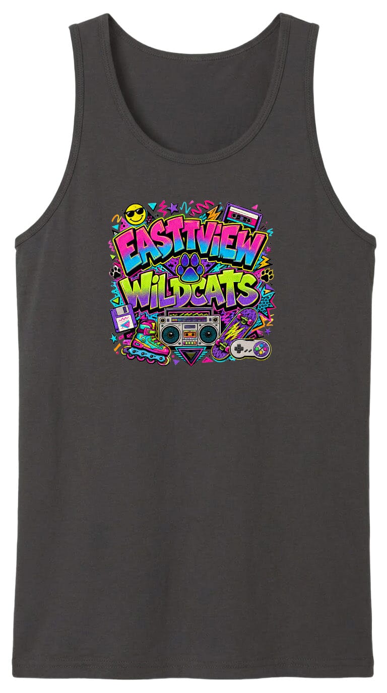 A black tank top with a colorful graphic design featuring the text "EASTVIEW WILDCATS" surrounded by various icons and symbols, such as a boombox, cassette tape, and other retro-style elements.