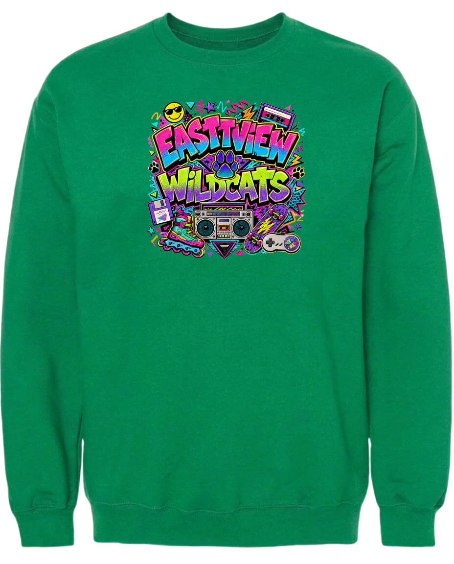 A green sweatshirt with a colorful graphic design featuring the text "EASTVIEW WILDCATS" surrounded by various icons and symbols, such as a boombox, cassette tape, and other retro-style elements.