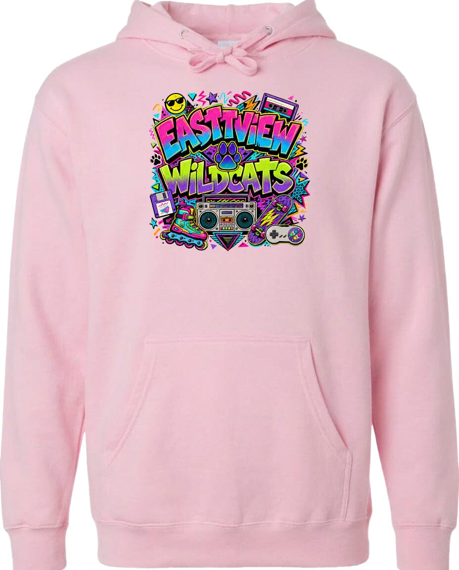 A pink hoodie with a colorful graphic design featuring a boombox, sunglasses, and various other elements.