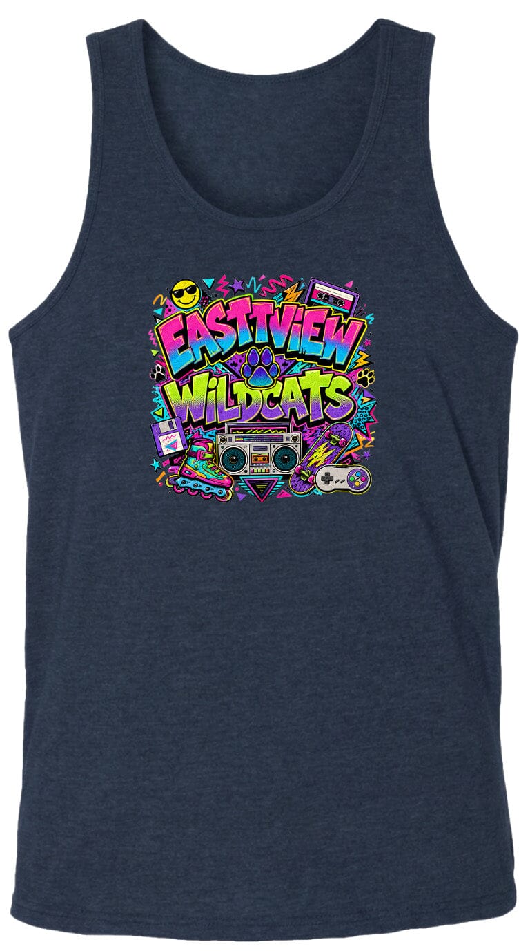 A dark blue tank top with a colorful graphic design featuring the text "EASTVIEW WILDCATS" surrounded by various icons and elements, such as a boombox, cassette tape, and other retro-style objects.