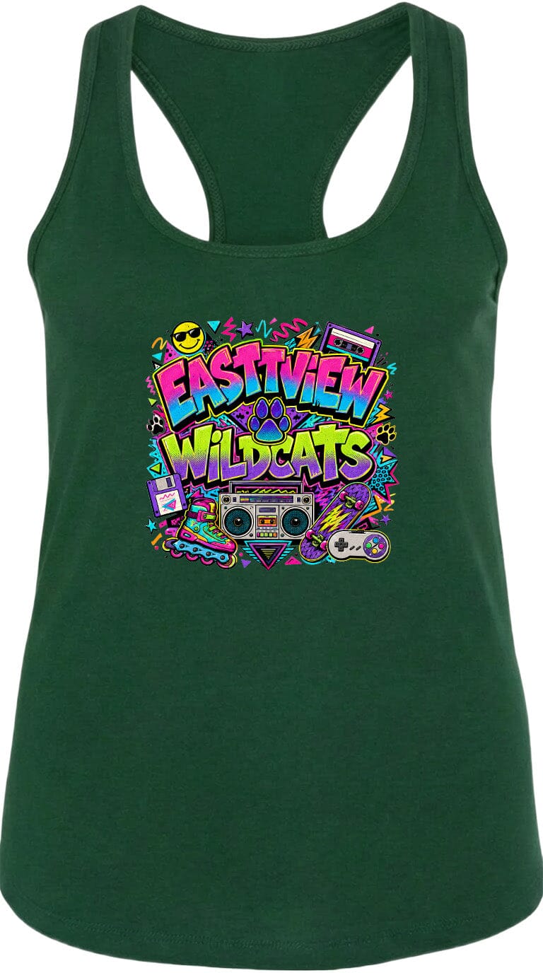 A green tank top with a colorful graphic design featuring a boombox, a skateboard, and various other objects, along with the text "EASTVIEW WILDCATS".