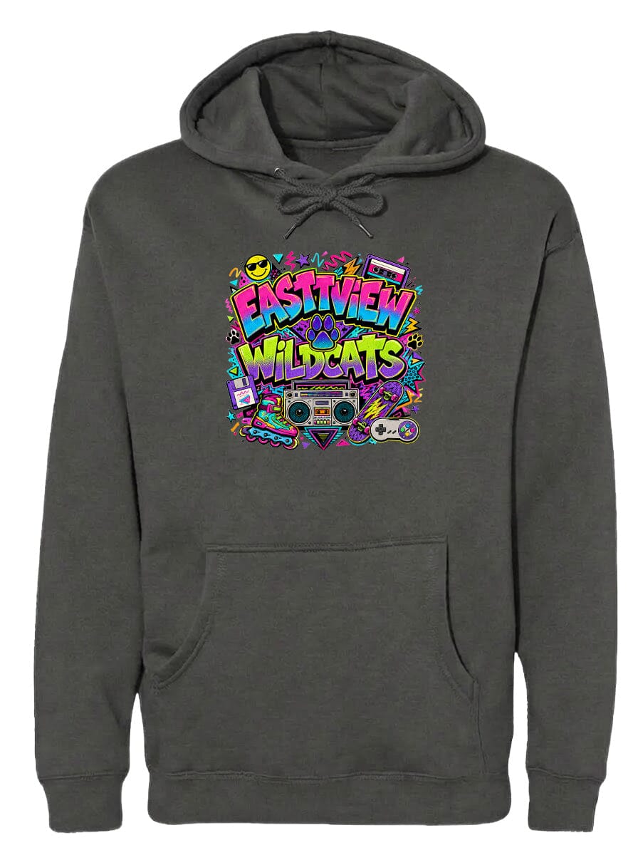 A gray hoodie with a colorful graphic design featuring a boombox, sunglasses, and various other retro-style elements.