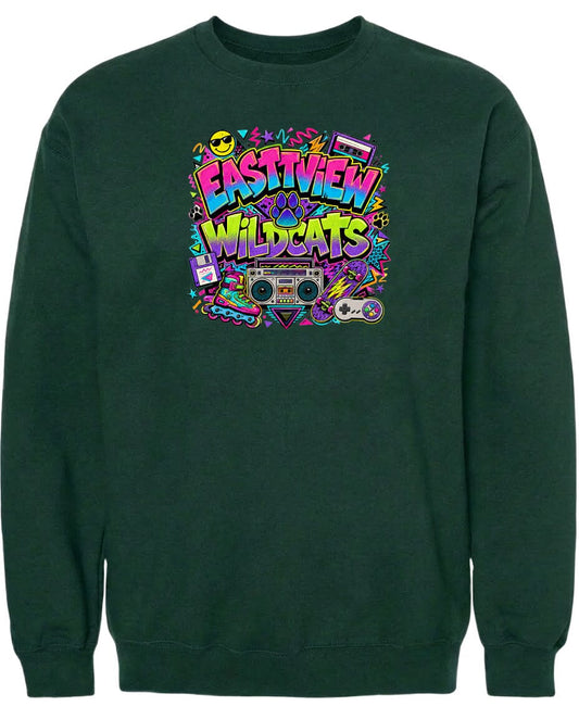 A dark green sweatshirt with a colorful graphic design featuring the text "EASTVIEW WILDCATS" surrounded by various icons and elements, such as a boombox, a skateboard, and a peace sign.