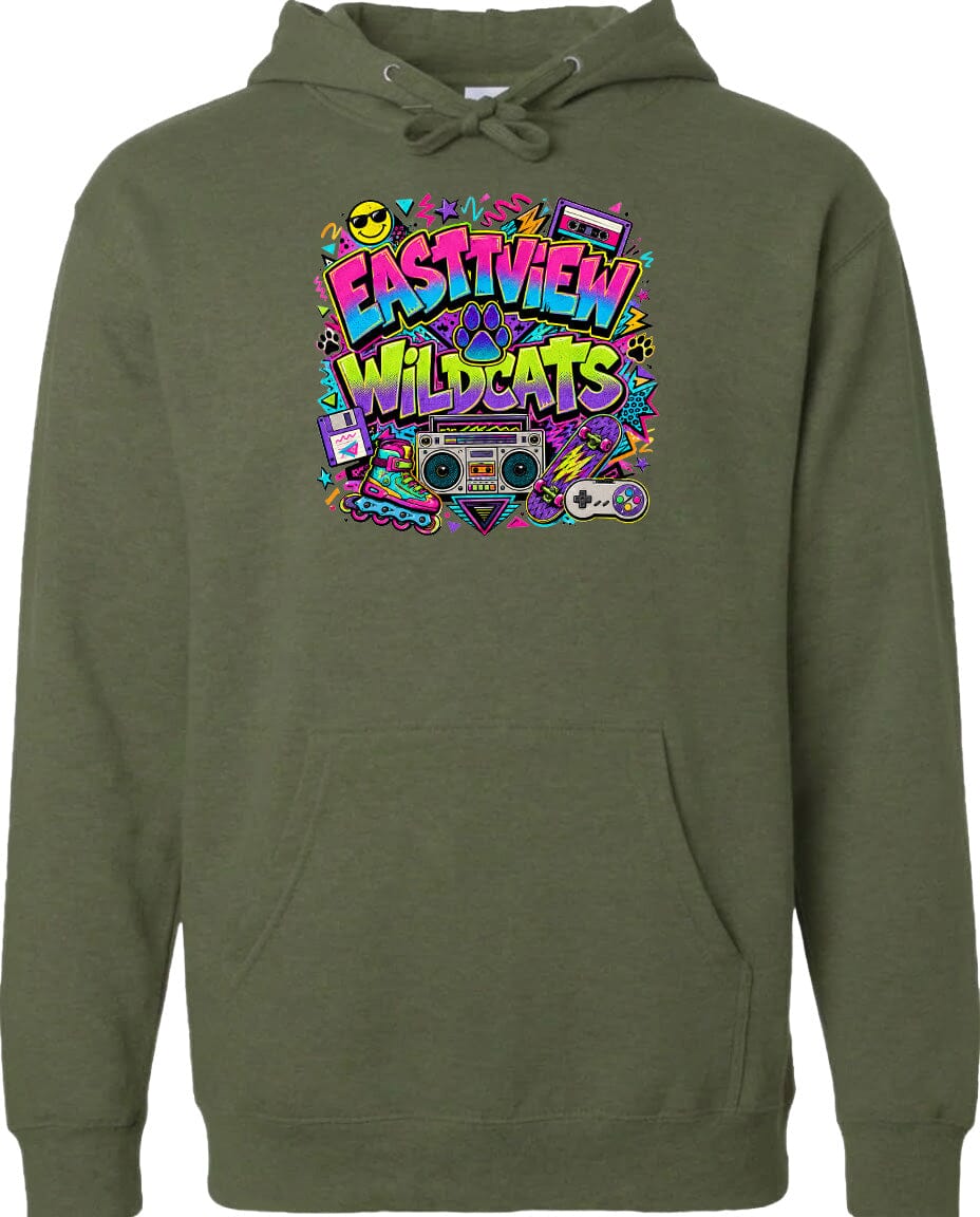 A green hoodie with a colorful graphic design featuring a boombox, sunglasses, and various other elements, along with the text "EASTVIEW WILDCATS".