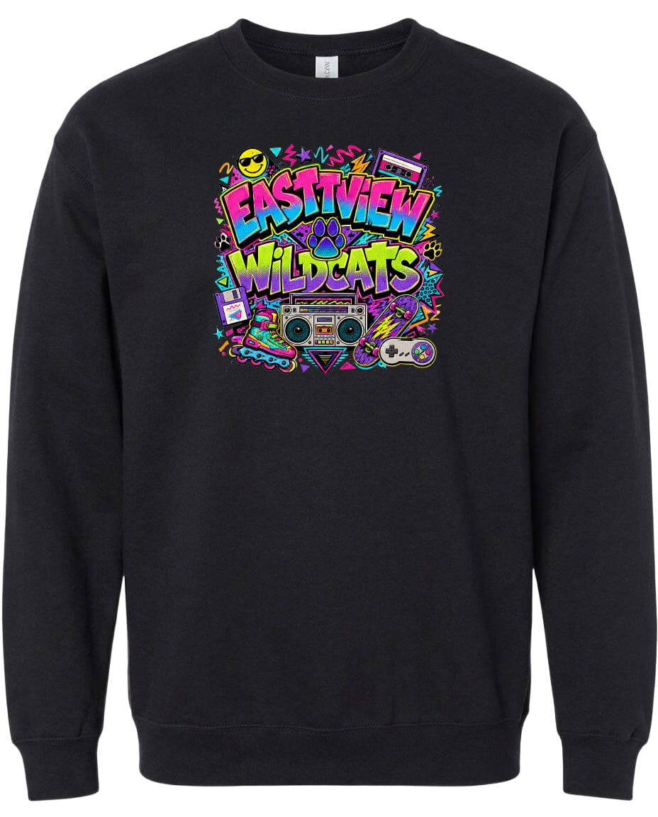 A black sweatshirt with a colorful graphic design featuring the text "EASTVIEW WILDCATS" surrounded by various icons and elements, such as a boombox, a video game controller, and a retro-style camera.