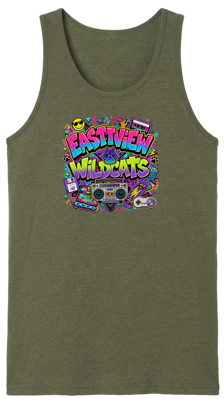 A green tank top with a colorful graphic design featuring the text "EASTVIEW WILDCATS" surrounded by various icons and symbols, such as a boombox, cassette tape, and other retro-style elements.