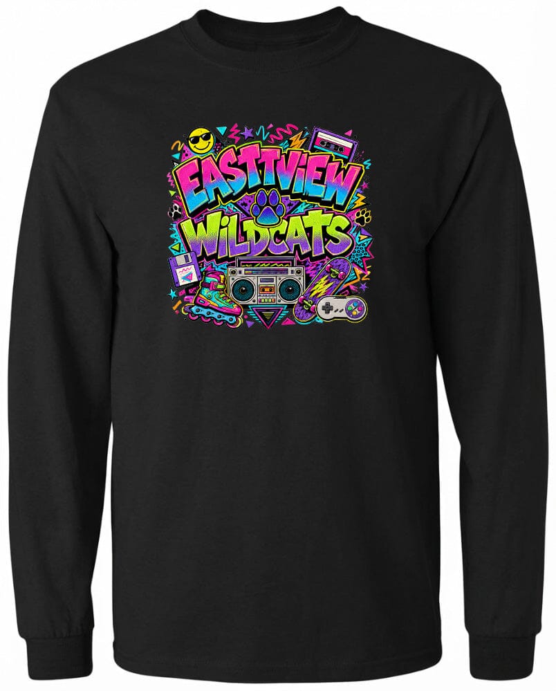 A black long-sleeved t-shirt with a colorful graphic design featuring a boombox, a guitar, and various other elements, along with the text "EASTVIEW WILDCATS".