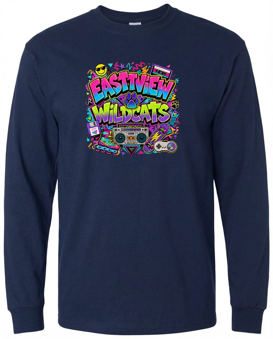 A navy blue long-sleeved t-shirt with a colorful graphic design featuring a boombox, a cassette tape, and various other retro-style elements.