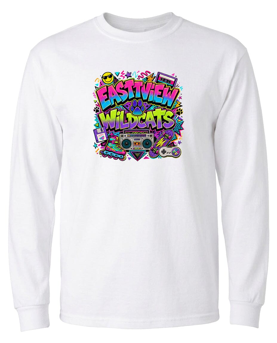 A white long-sleeved t-shirt with a colorful graphic design featuring the text "EASTVIEW WILDCATS" surrounded by various icons and elements, such as a boombox, skateboard, and other retro-style objects.