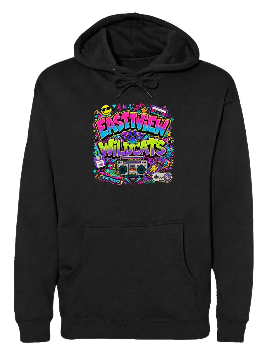 A black hoodie with a colorful graphic design featuring a boombox, a cassette tape, and various other retro-style icons.