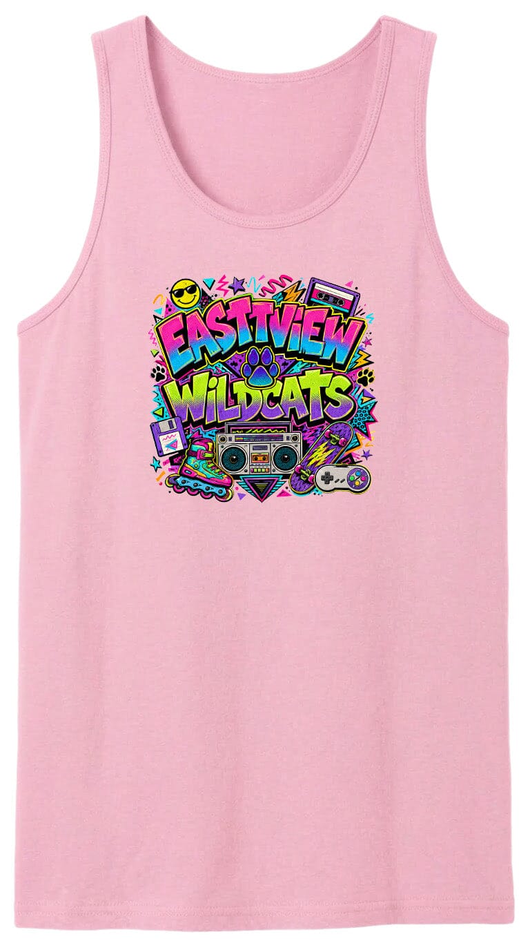 A pink tank top with a colorful graphic design featuring the text "EASTVIEW WILDCATS" surrounded by various icons and symbols, such as a boombox, cassette tape, and other retro-style elements.