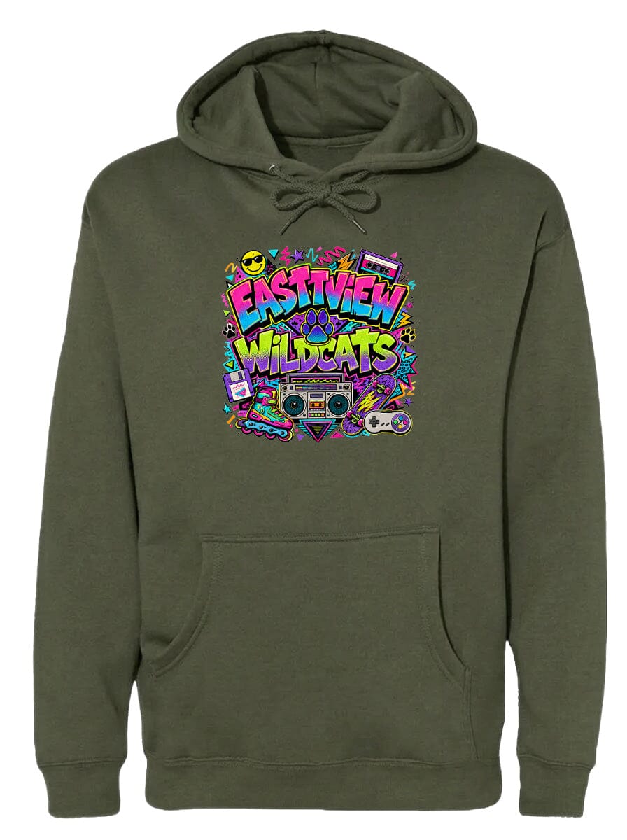 A green hoodie with a colorful graphic design featuring a boombox, sunglasses, and various other elements.