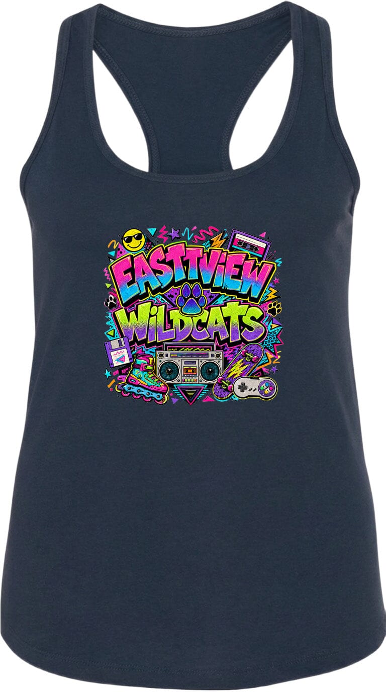 A black tank top with a colorful graphic design featuring the text "EASTVIEW WILDCATS" surrounded by various icons and symbols, such as a boombox, skateboard, and sunglasses.