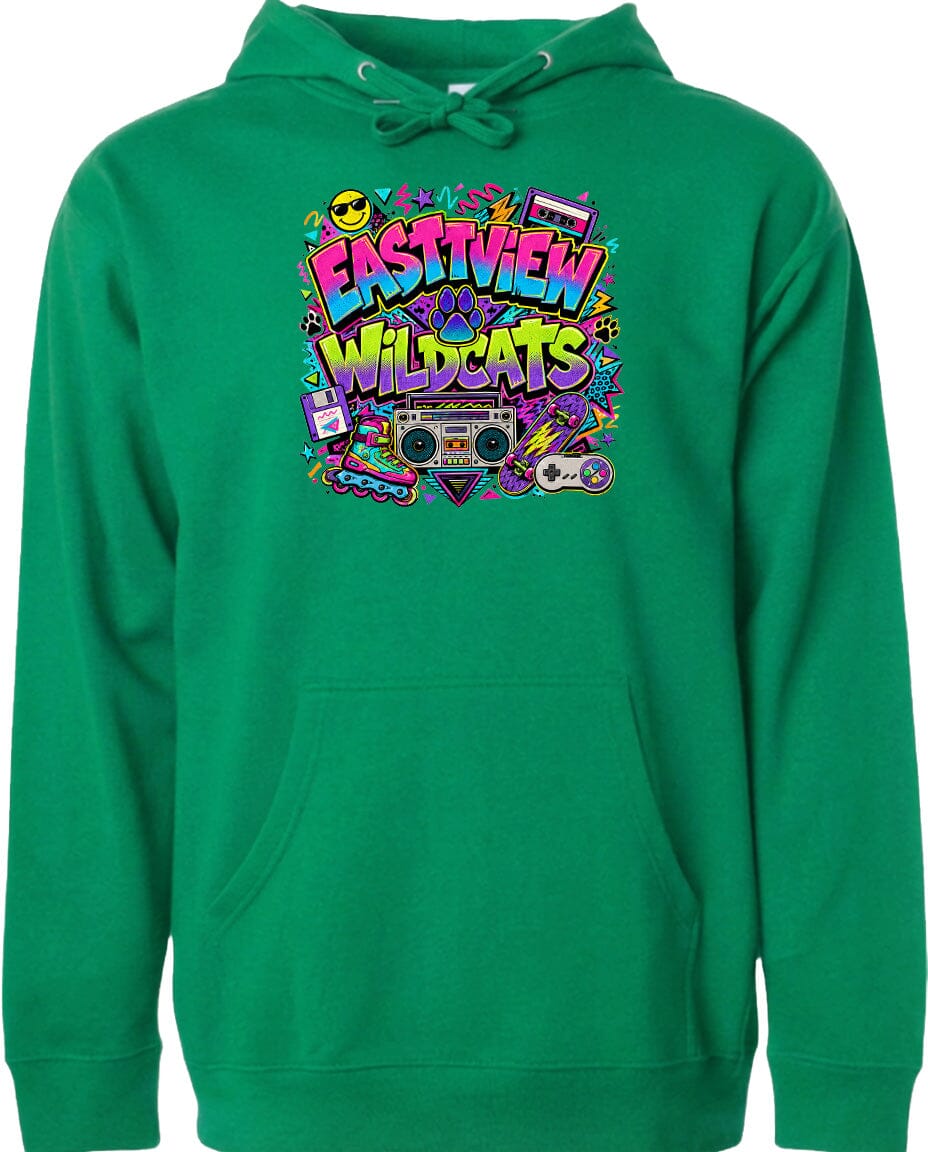 A bright green hoodie with a colorful graphic design featuring a boombox, sunglasses, and various other elements.