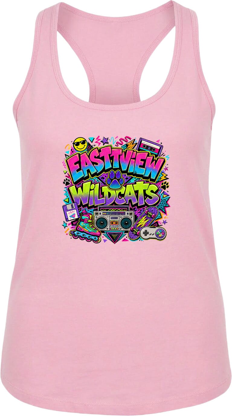 A pink tank top with a colorful graphic design featuring a boombox surrounded by various pop culture elements such as a cassette tape, a cassette tape player, and a cassette tape.