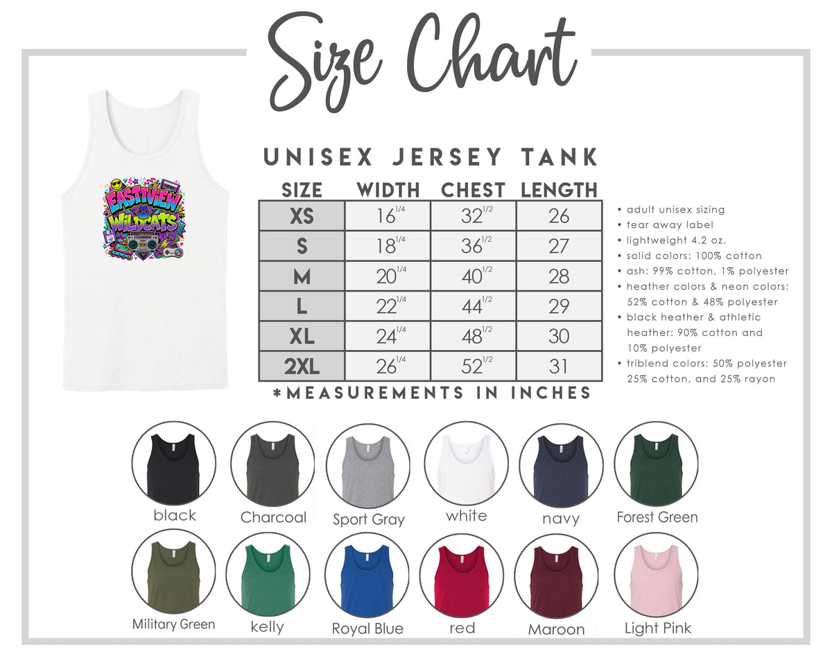 The image is a size chart for a unisex jersey tank, providing measurements for chest length, waist, and hip width. It includes a variety of tank colors and styles, such as black, charcoal, sport gray, navy, forest green, and more.