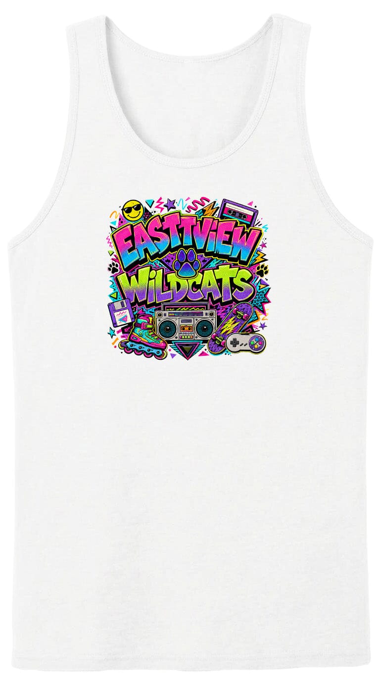 A white tank top with a colorful graphic design featuring the text "EASTVIEW WILDCATS" surrounded by various icons and symbols, such as a boombox, skateboard, and other retro-style elements.