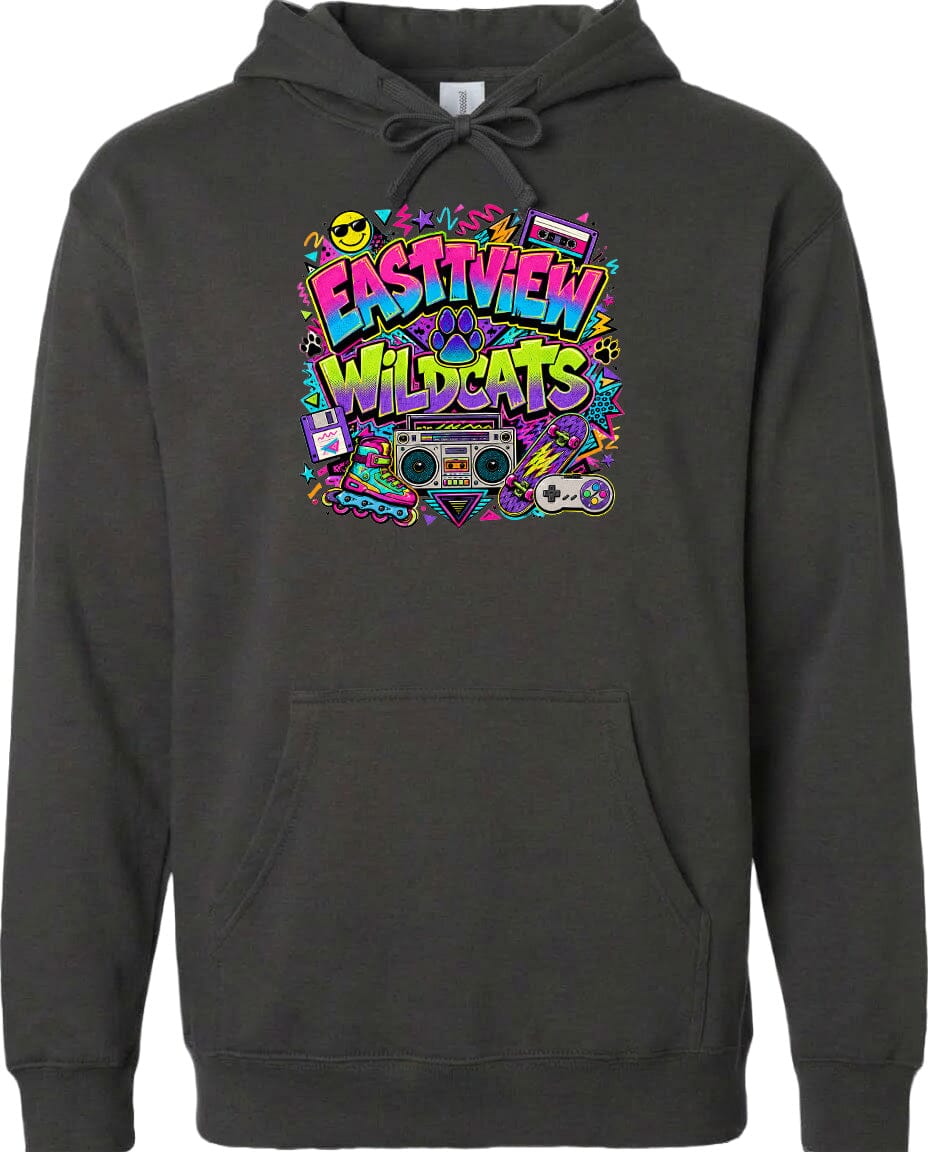 A hoodie with a graphic design featuring a boombox surrounded by colorful, retro-style elements such as a peace sign, a cassette tape, and a video game controller.