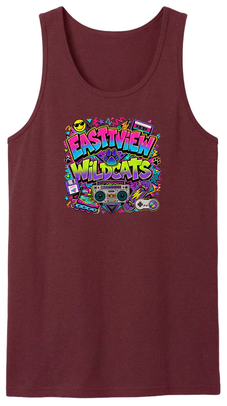 A burgundy tank top with a colorful graphic design featuring the text "EASTVIEW WILDCATS" surrounded by various icons and elements, such as a boombox, sunglasses, and a retro-style camera.