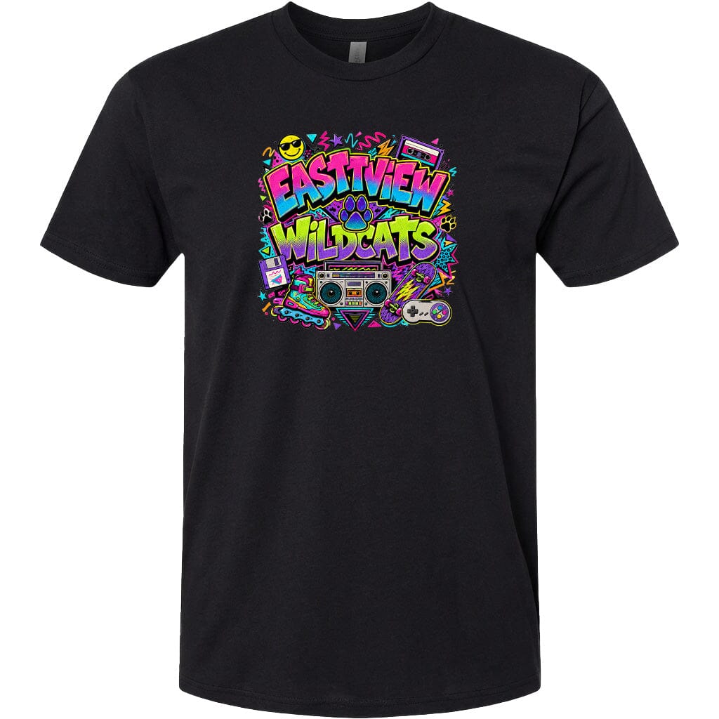 A black t-shirt with a colorful graphic design featuring the text "Eastview Wildcats" surrounded by various icons and symbols, such as a boombox, a camera, and a skateboard.