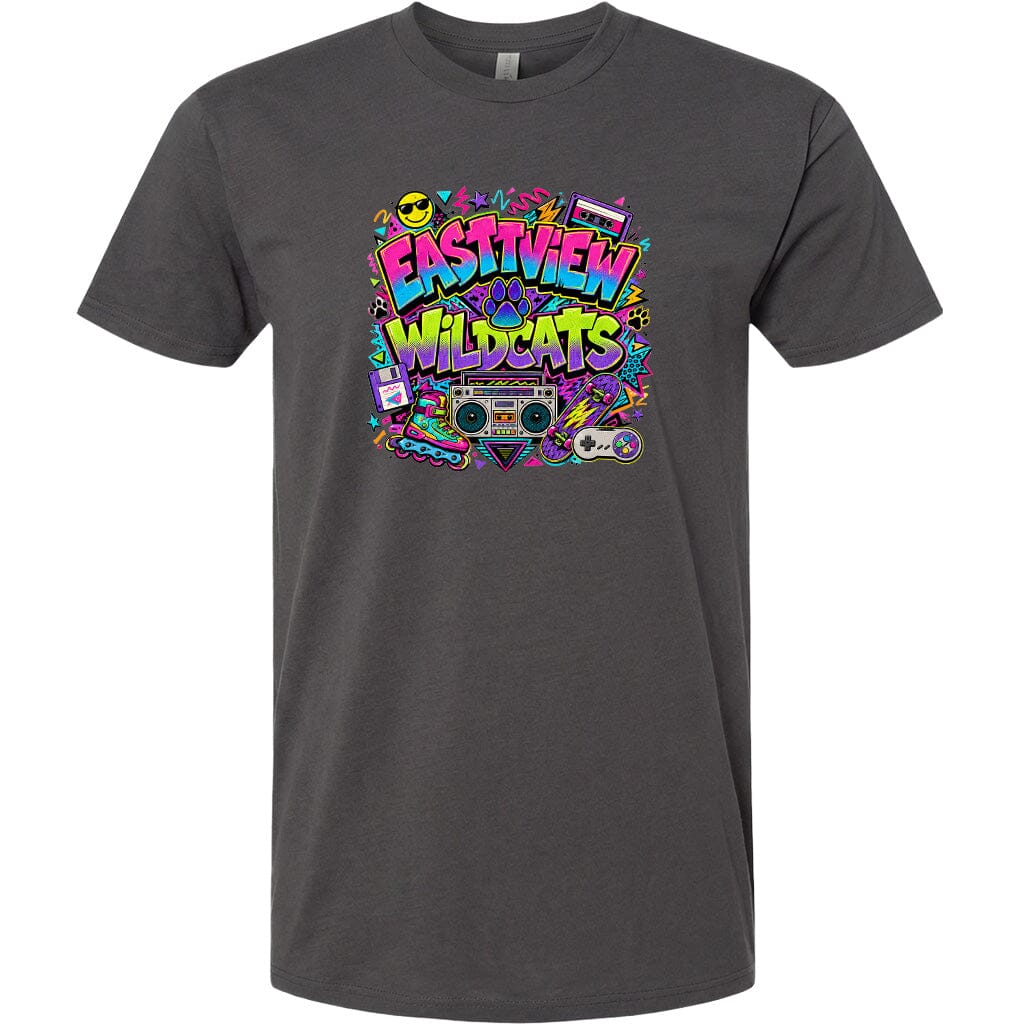 A gray t-shirt with a colorful graphic design featuring the text "Eastview Wildcats" surrounded by various icons and symbols, such as a boombox, sunglasses, and a skateboard.