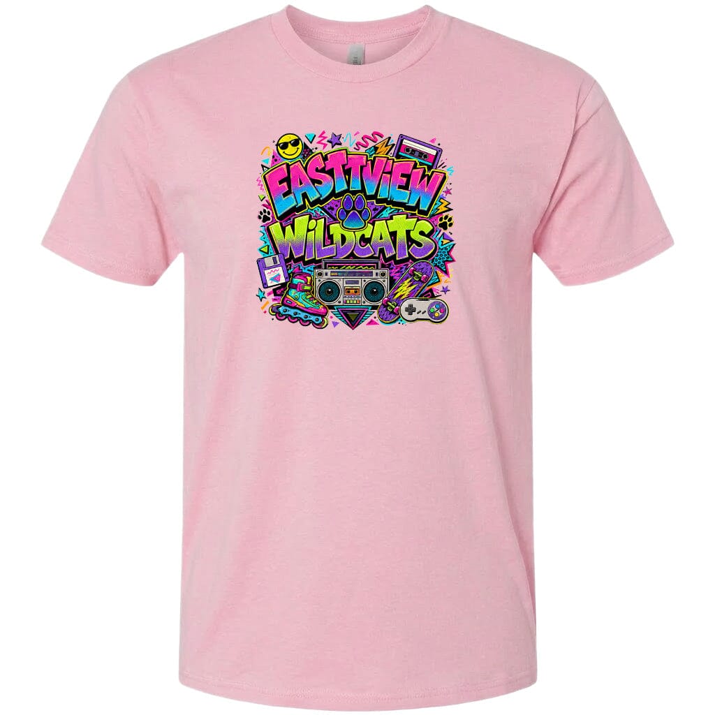 A pink t-shirt with a colorful graphic design featuring a boombox, sunglasses, and various other elements, along with the text "Eastview Wildcats".