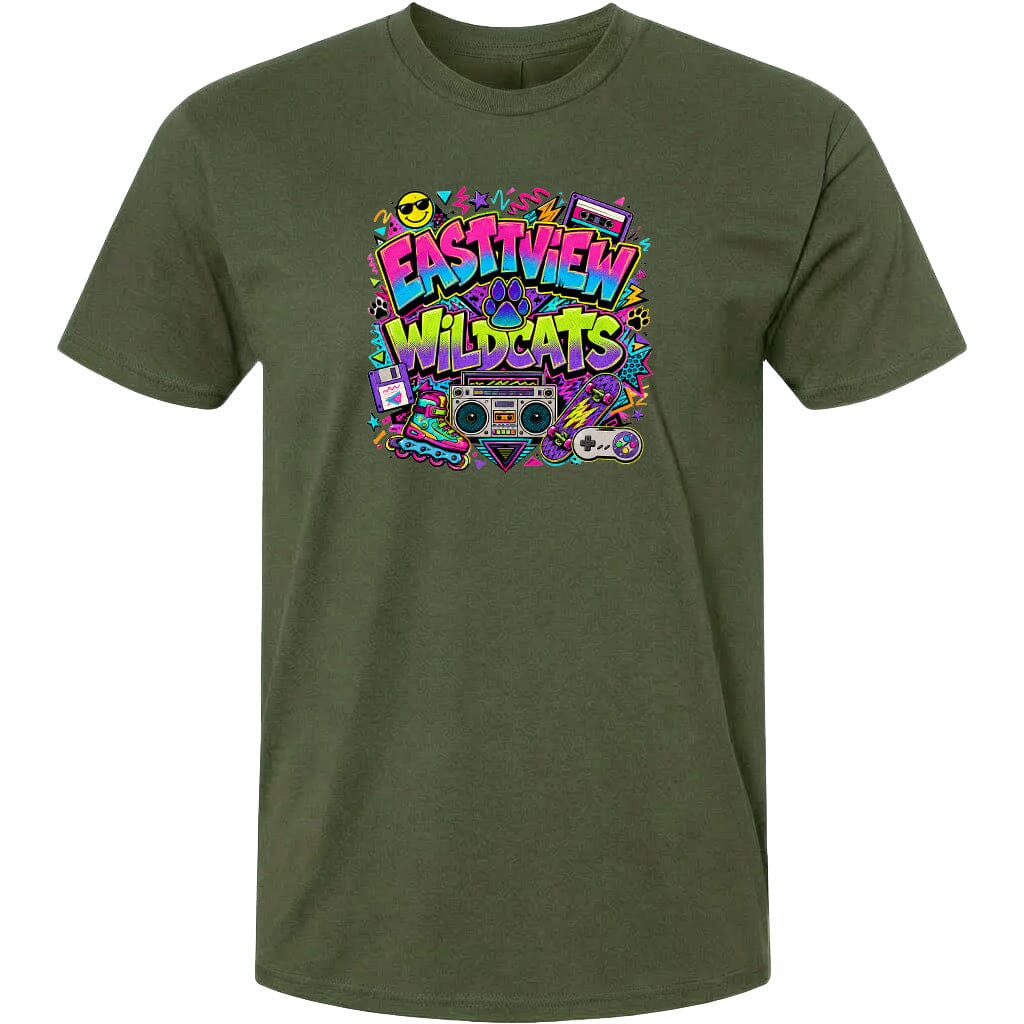 A green t-shirt with a colorful graphic design featuring the text "Eastview Wildcats" surrounded by various icons and symbols, such as a boombox, sunglasses, and a skateboard.