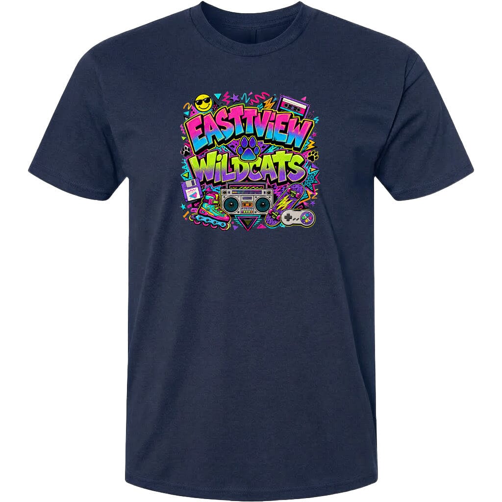 A navy blue t-shirt with a colorful graphic design featuring the text "Eastview Wildcats" surrounded by various icons and symbols, such as a boombox, sunglasses, and a skateboard.