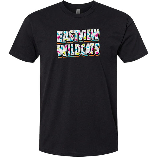 A black t-shirt with the text "EASTVIEW WILDCATS" printed on it in a colorful, stylized font.