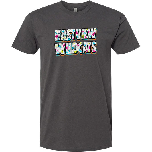 A gray t-shirt with the text "EASTVIEW WILDCATS" printed on it in a colorful, stylized font.