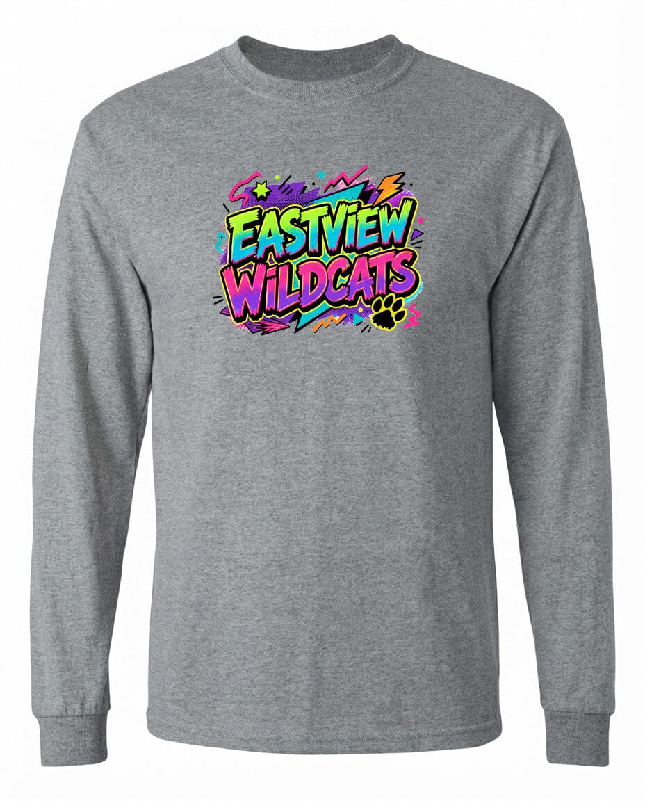 A gray long-sleeved t-shirt with a colorful graphic design featuring the text "EASTVIEW WILDCATS" in a vibrant, graffiti-style font.