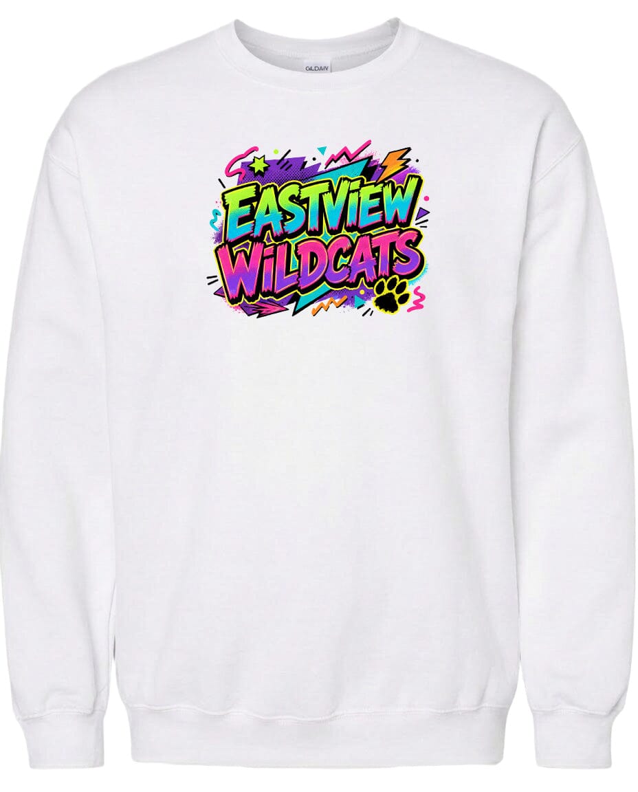 A white sweatshirt with a colorful graphic design featuring the text "EASTVIEW WILDCATS" in a stylized font.