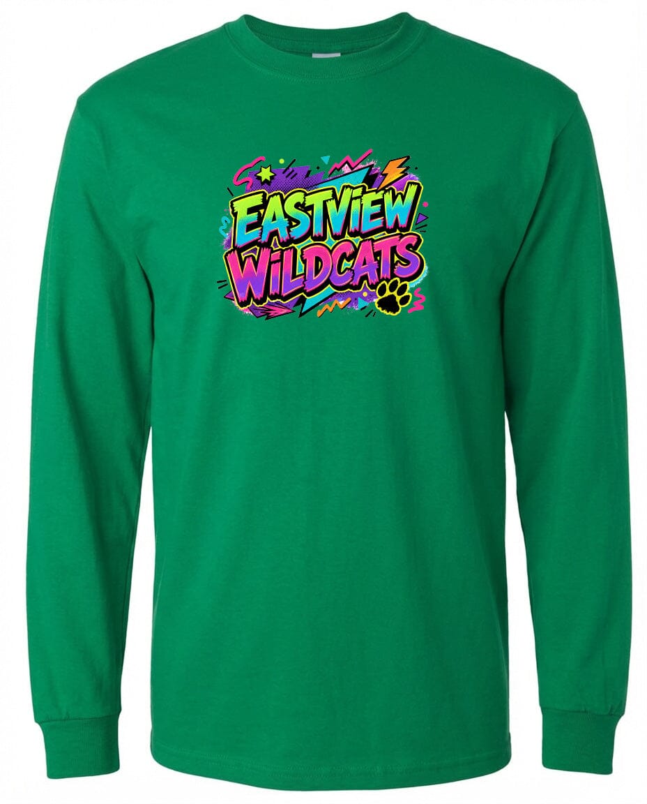 A long-sleeved green t-shirt with a colorful graphic design featuring the text "EASTVIEW WILDCATS" and a paw print.