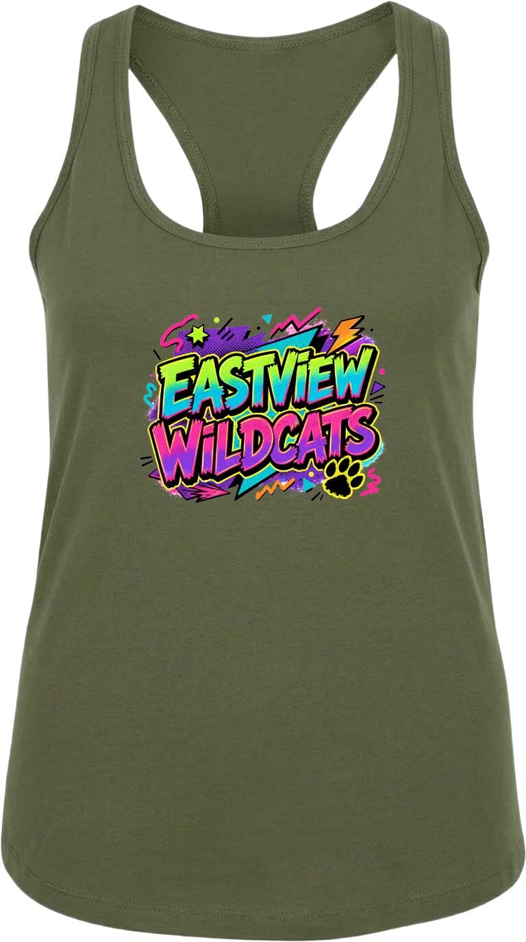 A green tank top with a colorful graphic design featuring the text "EASTVIEW WILDCATS" and a paw print.