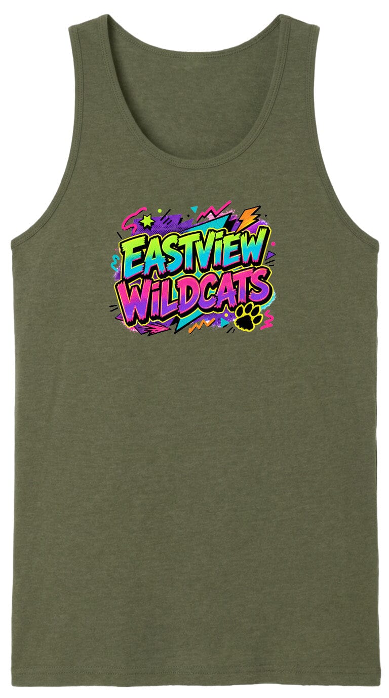 A green tank top with a colorful graphic design featuring the text "EASTVIEW WILDCATS" in a vibrant, neon-like style.
