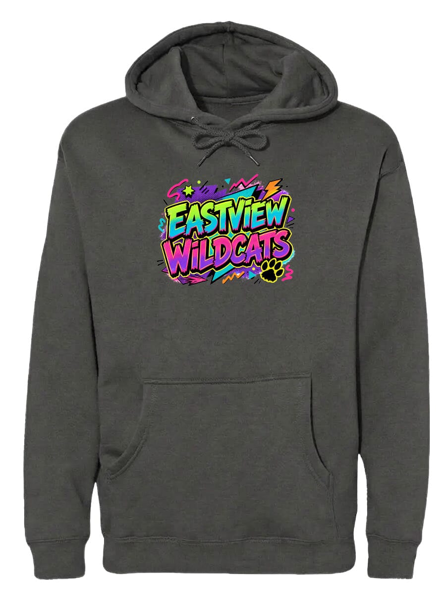 A gray hoodie with a colorful graphic design on the front.