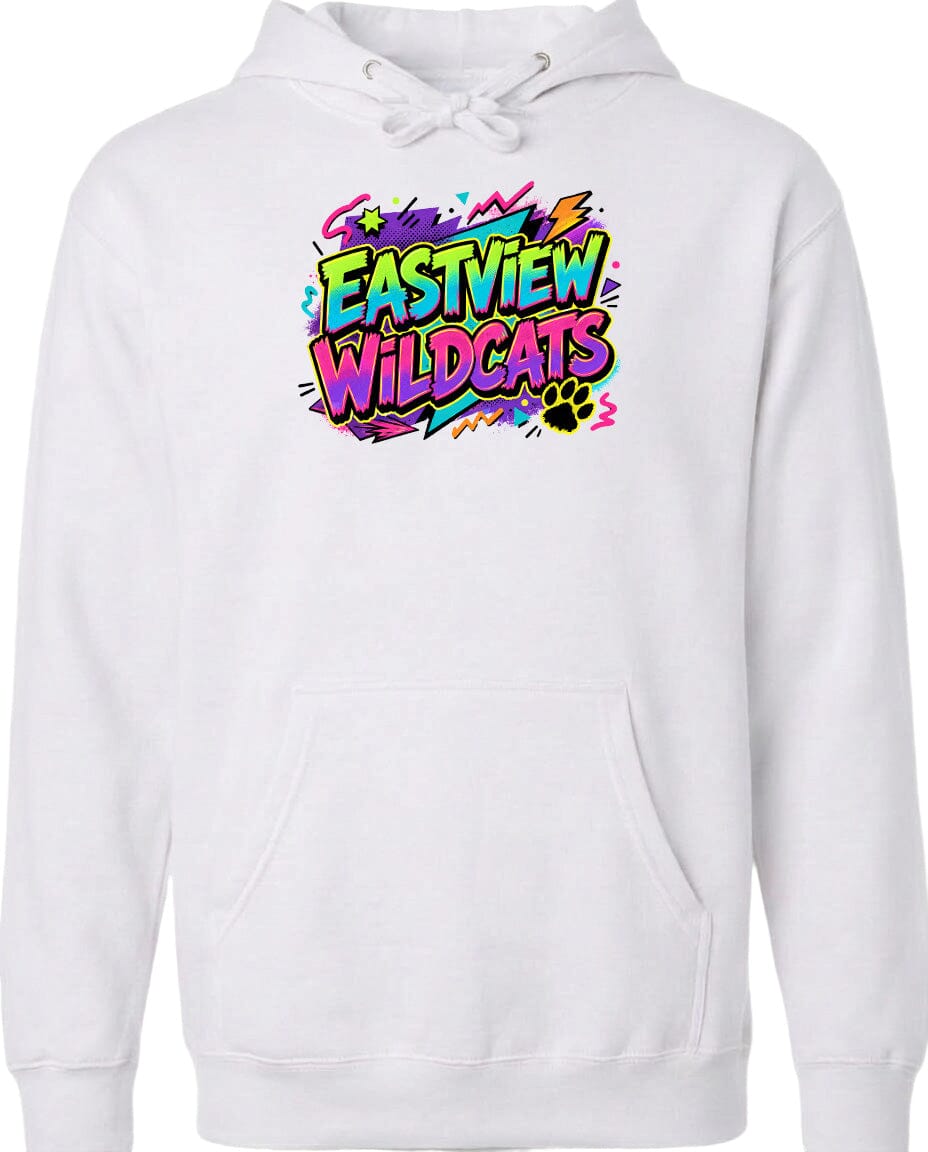 A white hoodie with a colorful graphic design on the front.