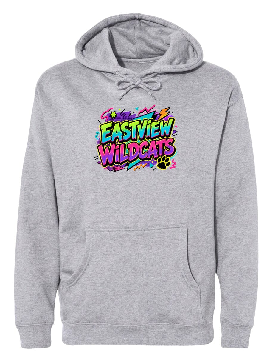 A gray hoodie with a colorful graphic design on the front.